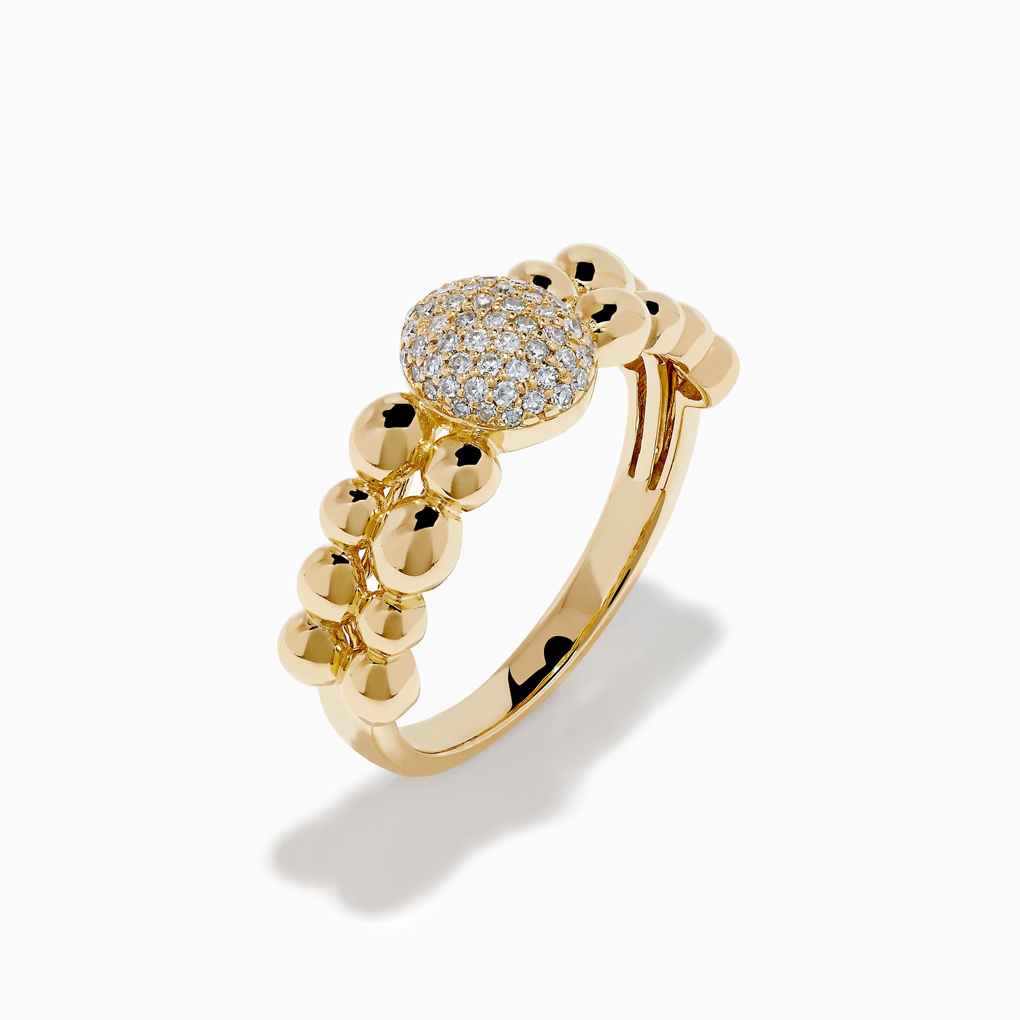 The D'Oro 14K Yellow Gold Diamond Cluster Ring features a beaded band and an oval-shaped diamond cluster, shown on a white background.