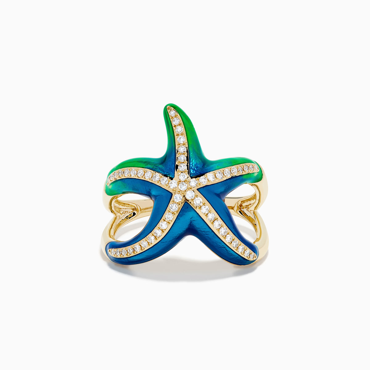 The 14K Yellow Gold Diamond and Enamel Starfish Ring features blue and green enamel with diamond accents on the arms, shown against a white background.