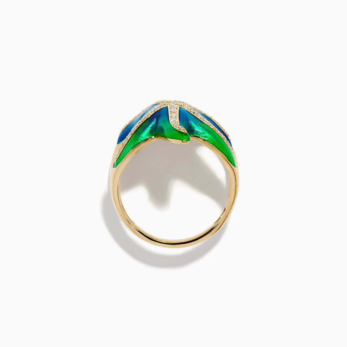 The 14K Yellow Gold Diamond and Enamel Starfish Ring features blue and green enamel with diamond accents on the arms, shown against a white background.