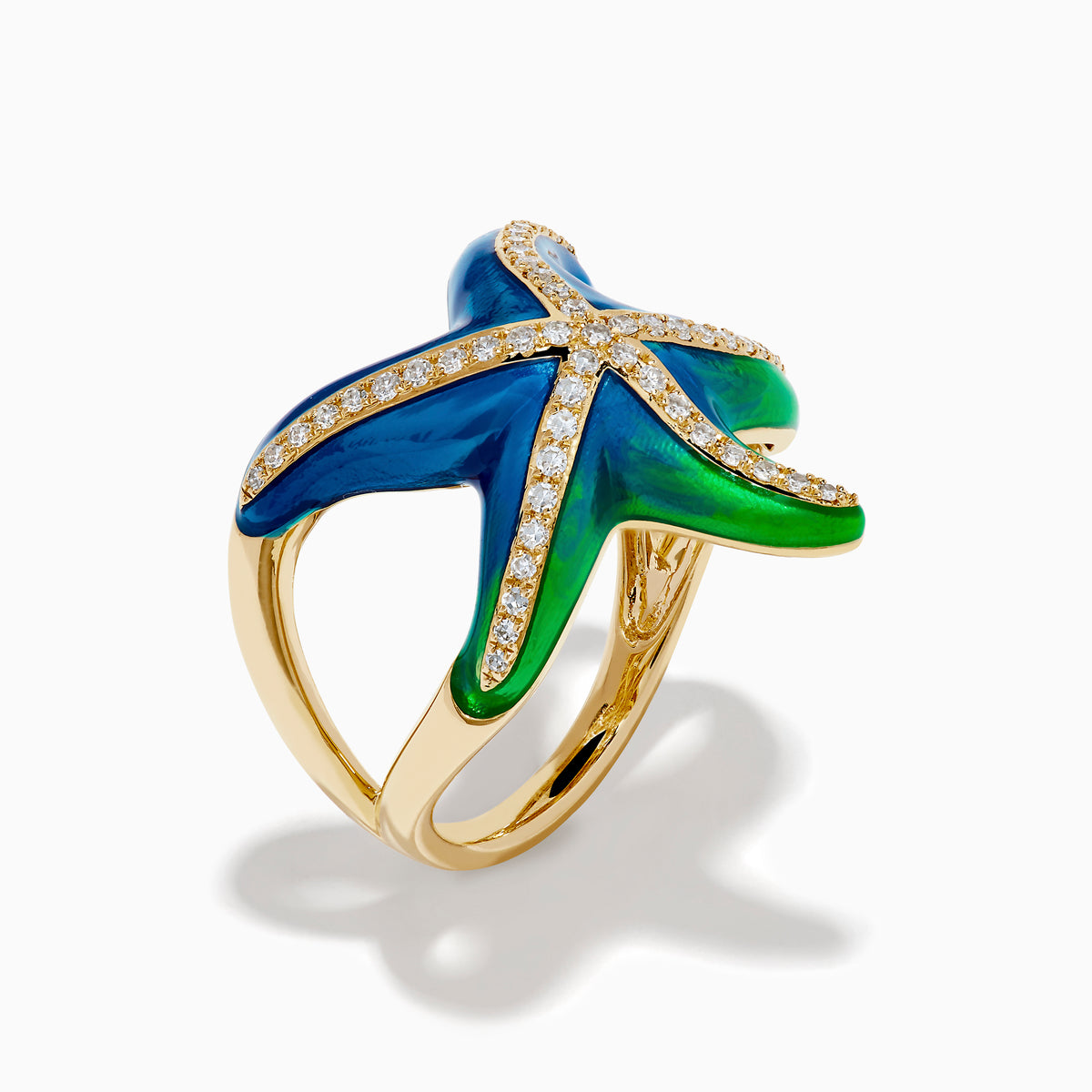 The 14K Yellow Gold Diamond and Enamel Starfish Ring features blue and green enamel with diamond accents on the arms, shown against a white background.