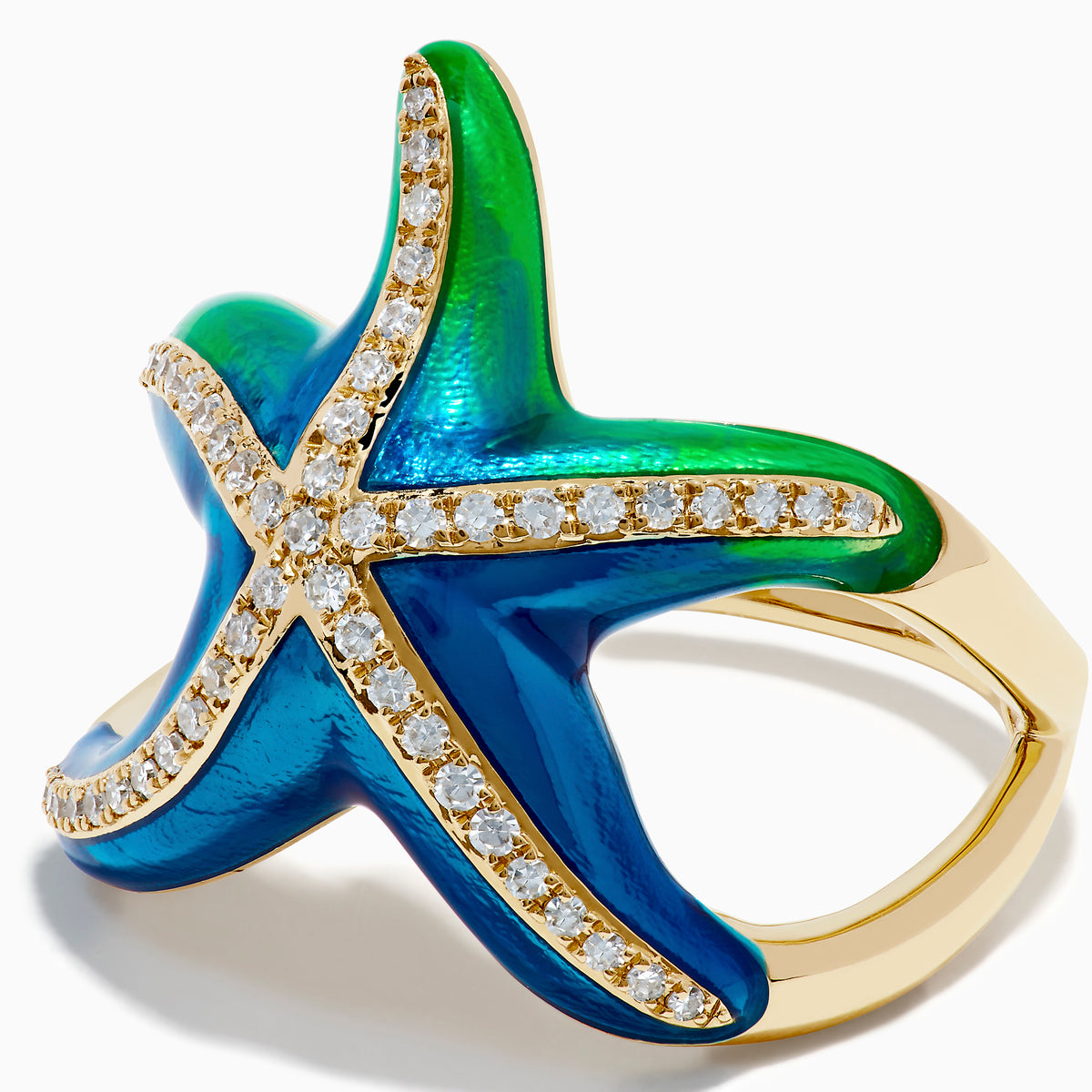 The 14K Yellow Gold Diamond and Enamel Starfish Ring features blue and green enamel with diamond accents on the arms, shown against a white background.