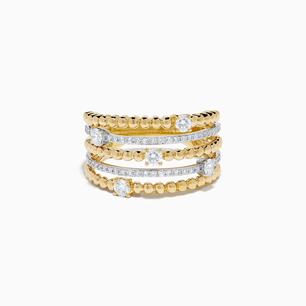 The 14K Two Tone Gold Diamond Beaded Multi Row Ring features four stacked bands with beaded textures and sparkling diamonds set in a symmetrical pattern.