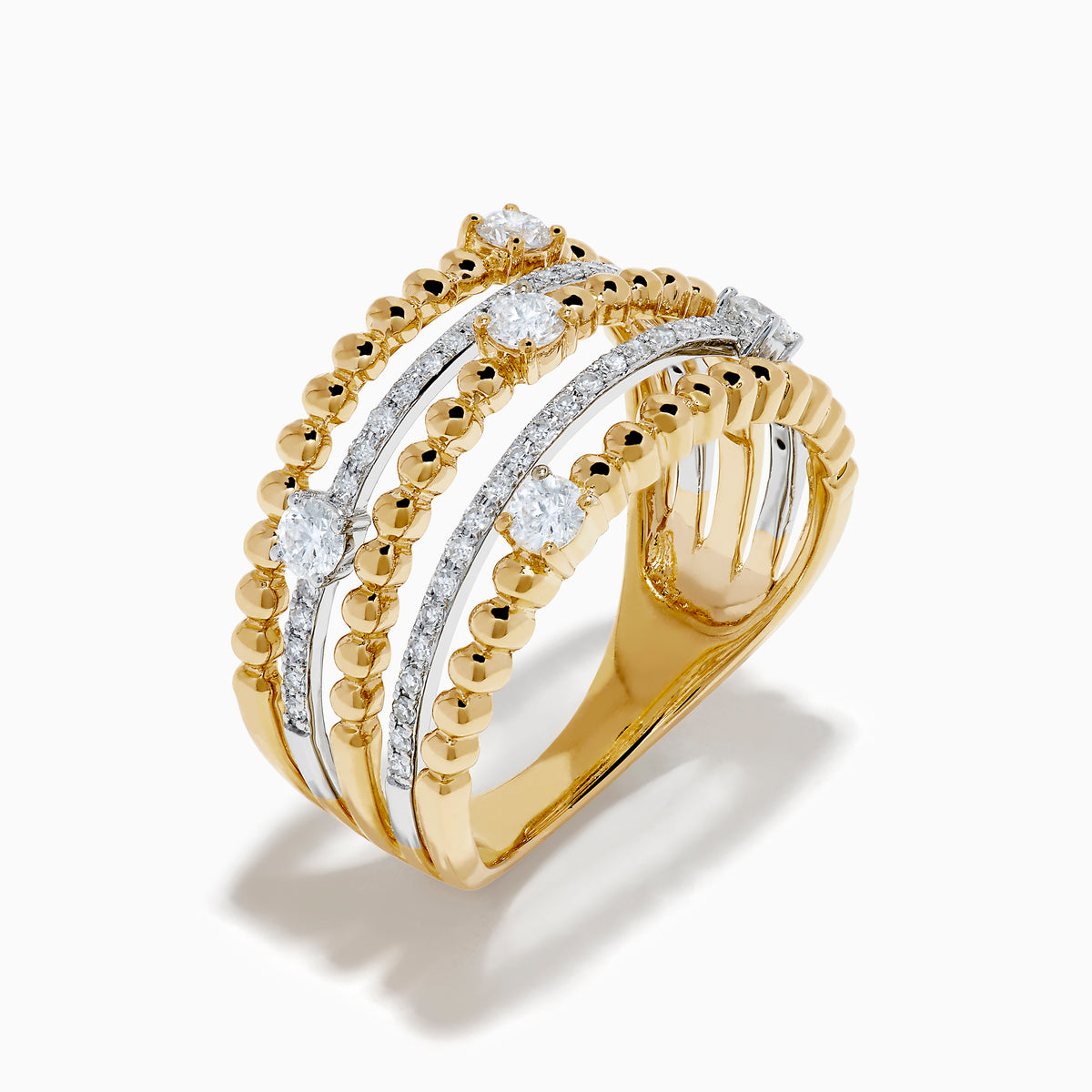The 14K Two Tone Gold Diamond Beaded Multi Row Ring features four stacked bands with beaded textures and sparkling diamonds set in a symmetrical pattern.