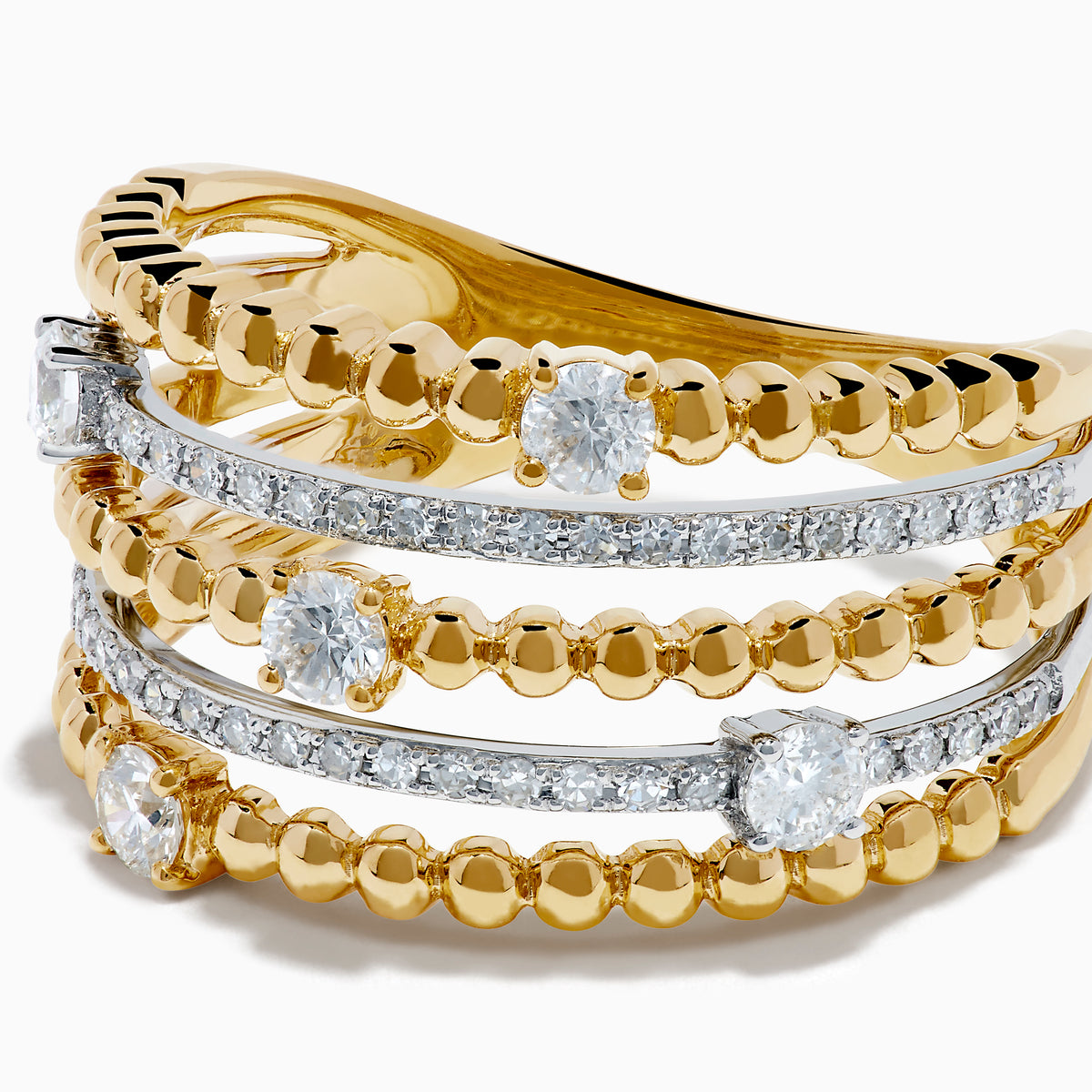The 14K Two Tone Gold Diamond Beaded Multi Row Ring features four stacked bands with beaded textures and sparkling diamonds set in a symmetrical pattern.