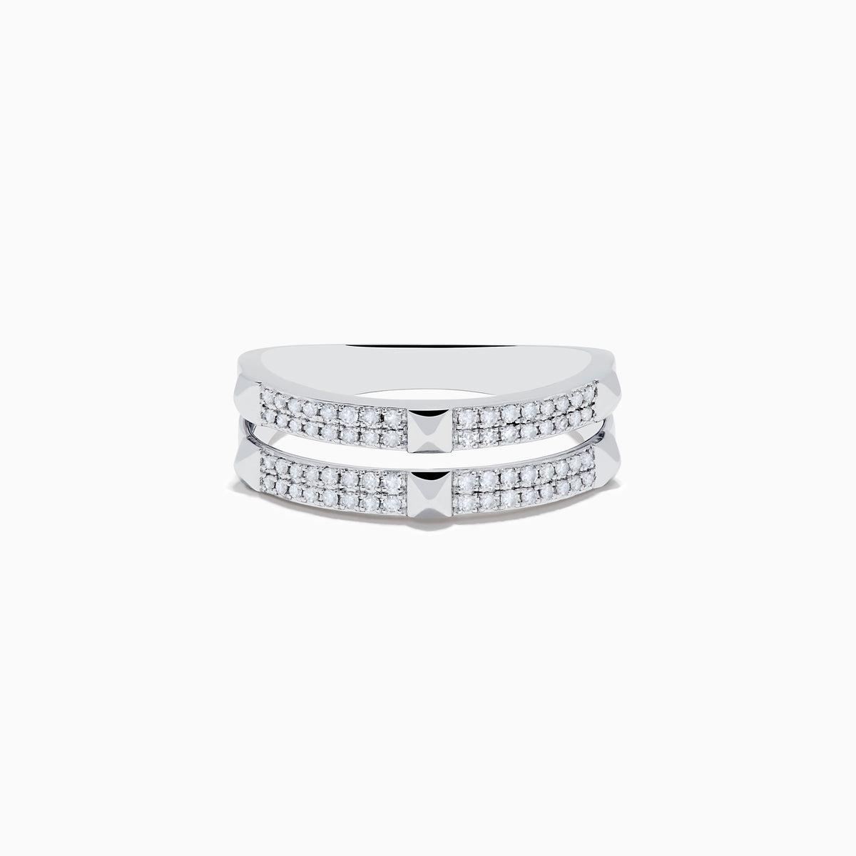 The Pave Classica 14K White Gold Diamond Studded Ring features two parallel rows of sparkling diamonds, separated by polished metal bars for a sleek, modern look.
