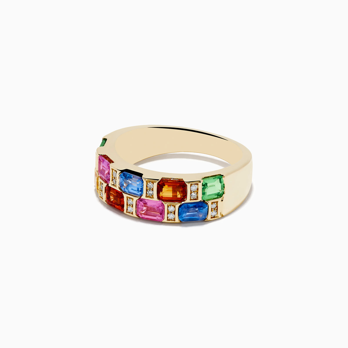The 14K Yellow Gold Multi Sapphire and Diamond Ring features a wide band adorned with rectangular sapphires in pink, blue, green, yellow, and orange, arranged in two vibrant rows around the band.
