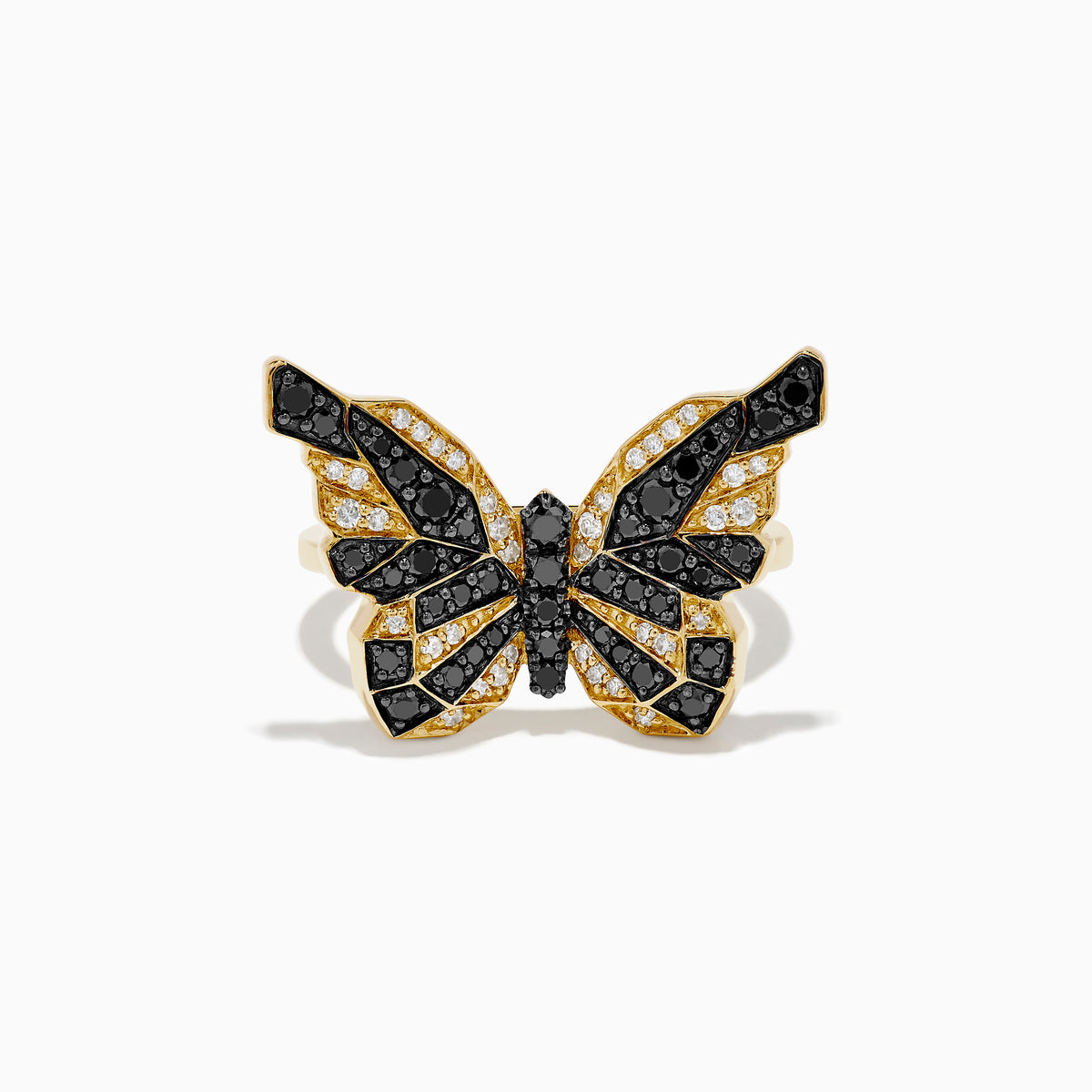 The Safari 14K Yellow Gold Black & White Diamond Butterfly Ring features a butterfly design with black and white diamonds segmented on its wings, set against a white background.