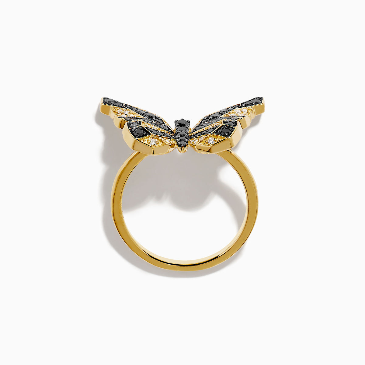 The Safari 14K Yellow Gold Black & White Diamond Butterfly Ring features a butterfly design with black and white diamonds segmented on its wings, set against a white background.