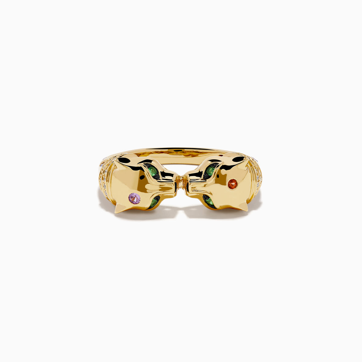 The Signature 14K Yellow Gold Multi Sapphire and Diamond Double Panther Ring showcases two panther heads with gemstone eyes and noses against a white background.