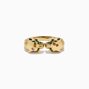 The Signature 14K Yellow Gold Multi Sapphire and Diamond Double Panther Ring showcases two panther heads with gemstone eyes and noses against a white background.