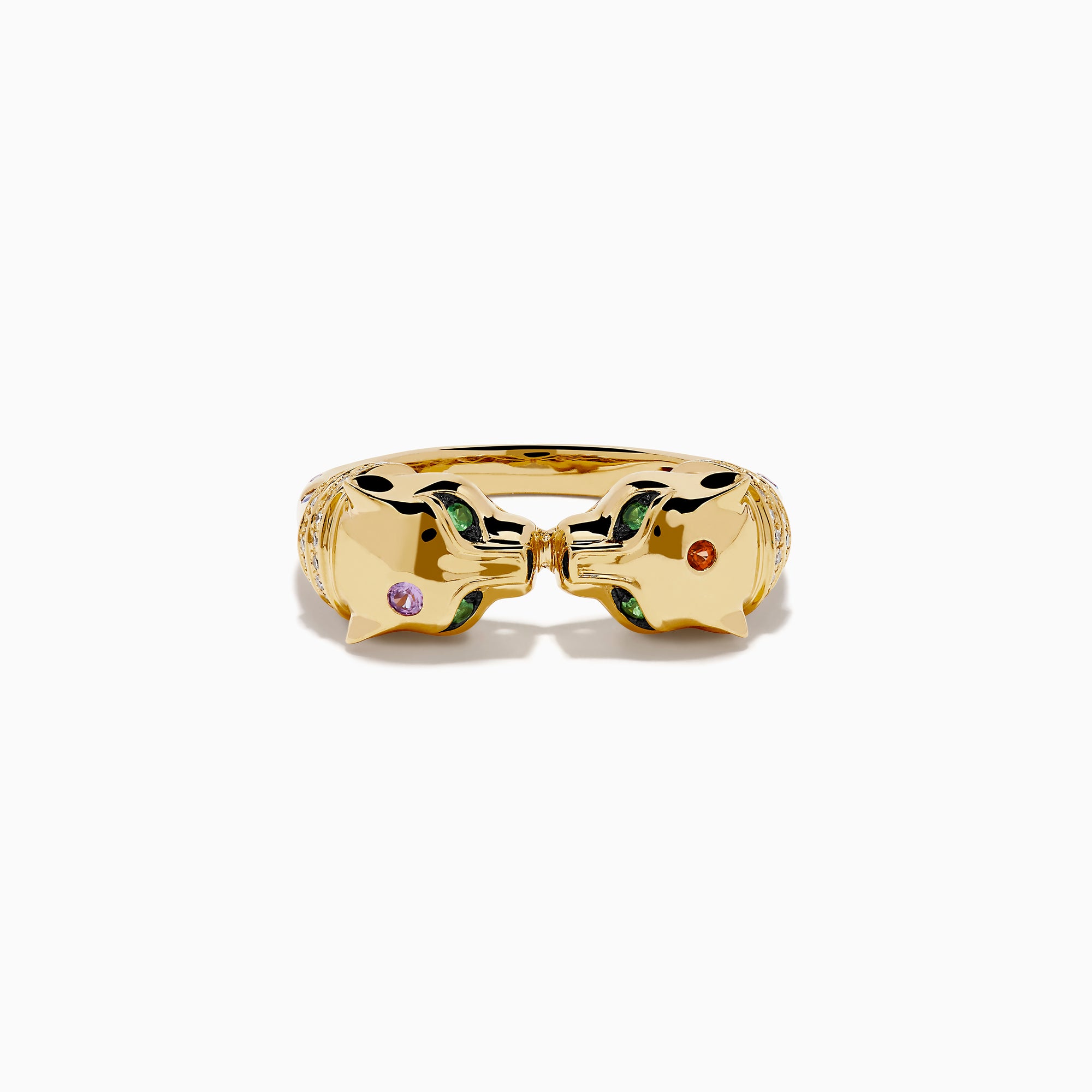 The Signature 14K Yellow Gold Multi Sapphire and Diamond Double Panther Ring showcases two panther heads with gemstone eyes and noses against a white background.
