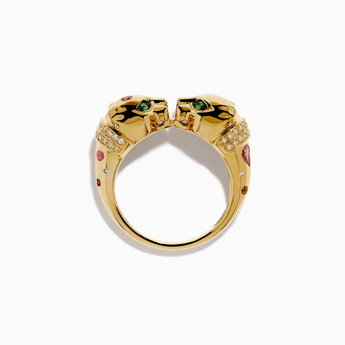 The Signature 14K Yellow Gold Multi Sapphire and Diamond Double Panther Ring showcases two panther heads with gemstone eyes and noses against a white background.