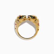 The Signature 14K Yellow Gold Multi Sapphire and Diamond Double Panther Ring showcases two panther heads with gemstone eyes and noses against a white background.
