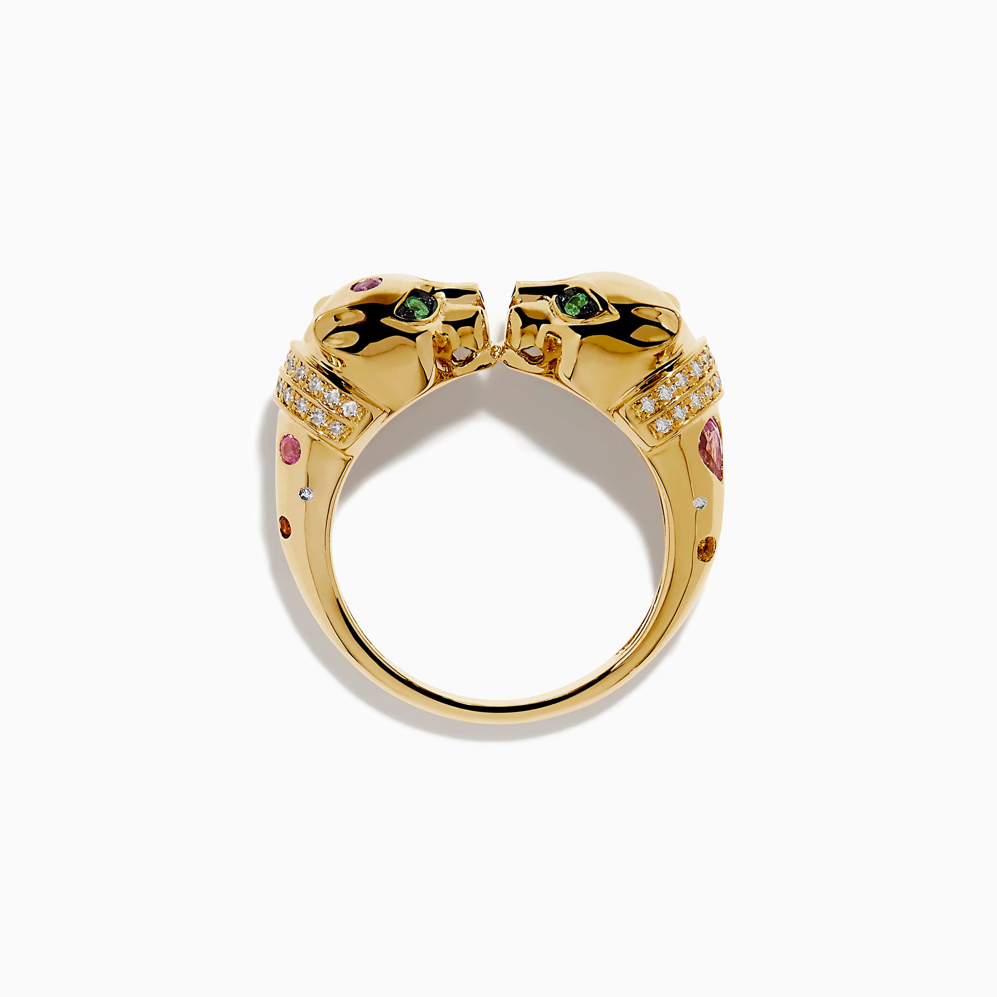The Signature 14K Yellow Gold Multi Sapphire and Diamond Double Panther Ring showcases two panther heads with gemstone eyes and noses against a white background.