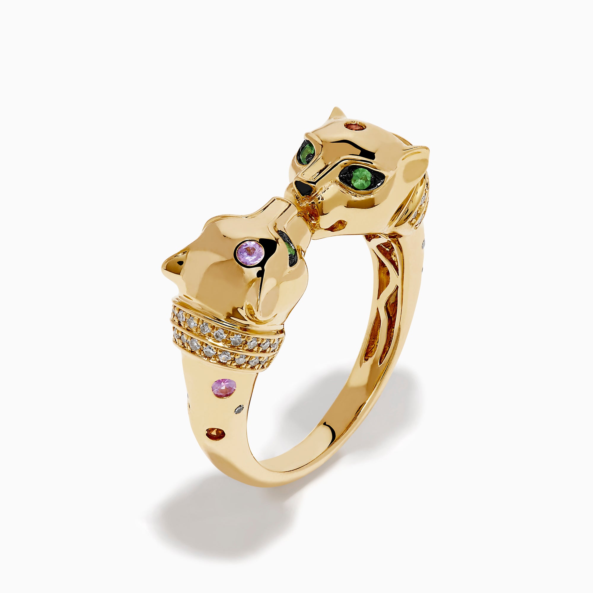 The Signature 14K Yellow Gold Multi Sapphire and Diamond Double Panther Ring showcases two panther heads with gemstone eyes and noses against a white background.
