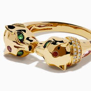 The Signature 14K Yellow Gold Multi Sapphire and Diamond Double Panther Ring showcases two panther heads with gemstone eyes and noses against a white background.