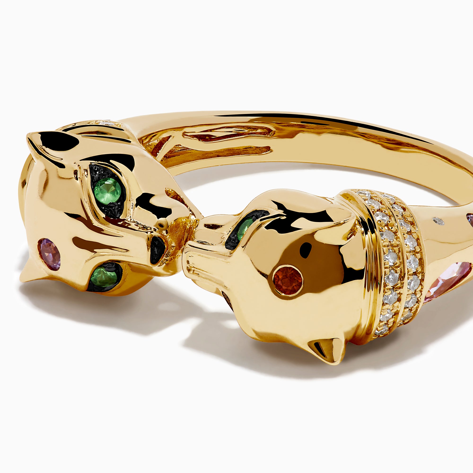 The Signature 14K Yellow Gold Multi Sapphire and Diamond Double Panther Ring showcases two panther heads with gemstone eyes and noses against a white background.