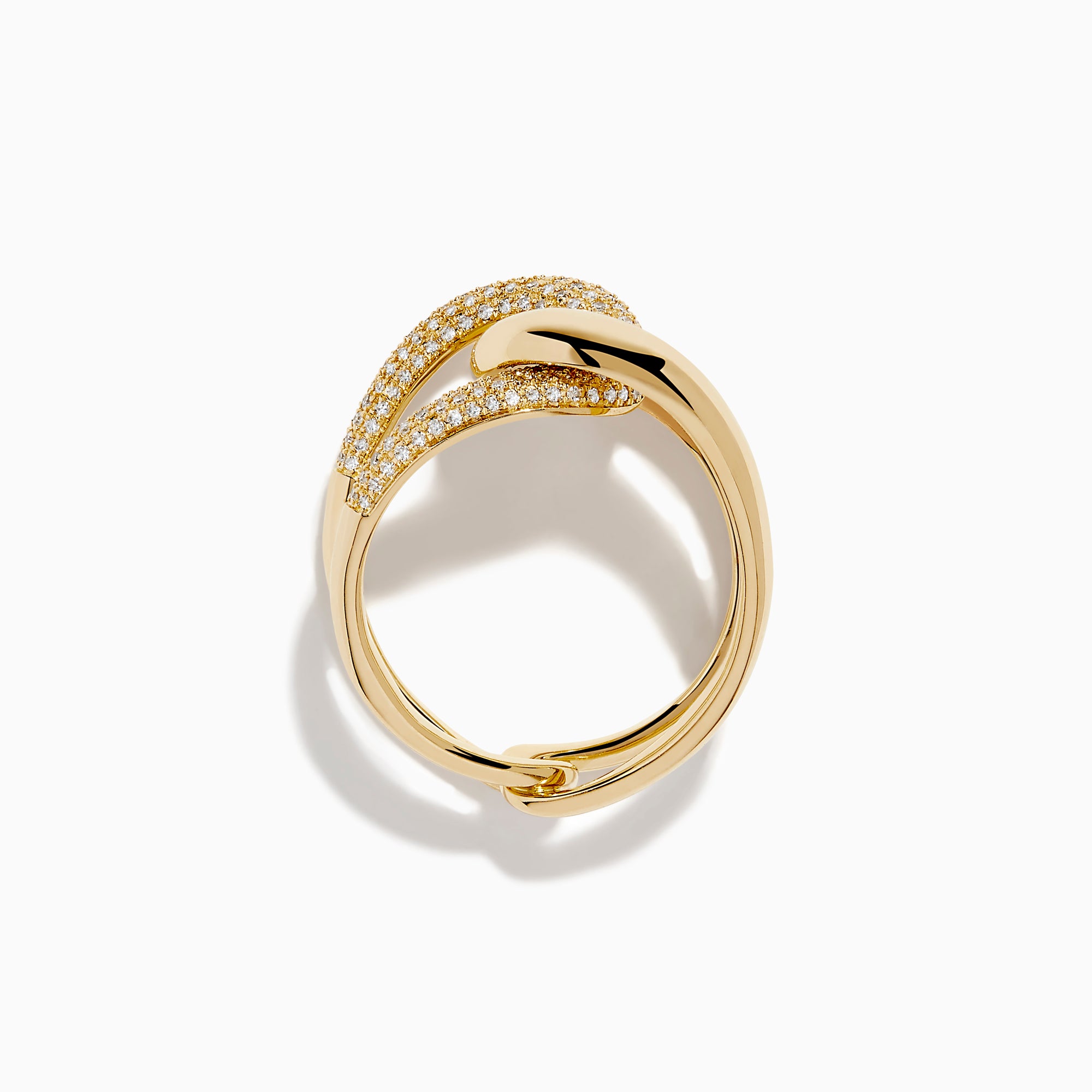 The D'Oro 14K Yellow Gold Diamond Interlocking Ring features a knot design, with one section accented by sparkling diamonds, beautifully displayed against a white background.