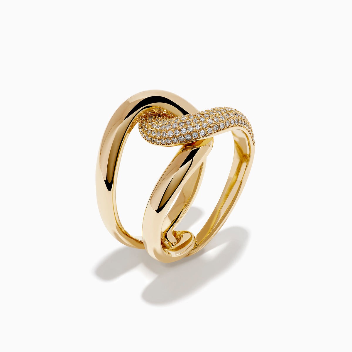 The D'Oro 14K Yellow Gold Diamond Interlocking Ring features a knot design, with one section accented by sparkling diamonds, beautifully displayed against a white background.