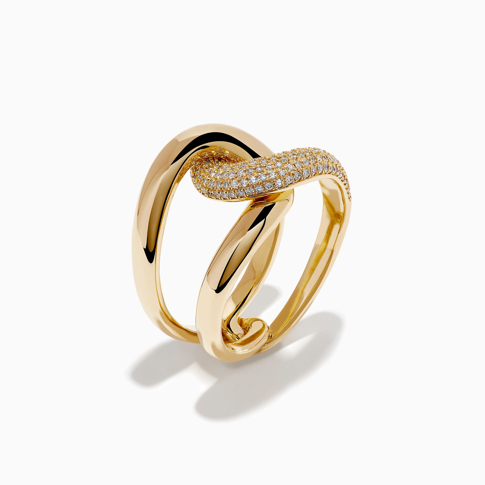 The D'Oro 14K Yellow Gold Diamond Interlocking Ring features a knot design, with one section accented by sparkling diamonds, beautifully displayed against a white background.
