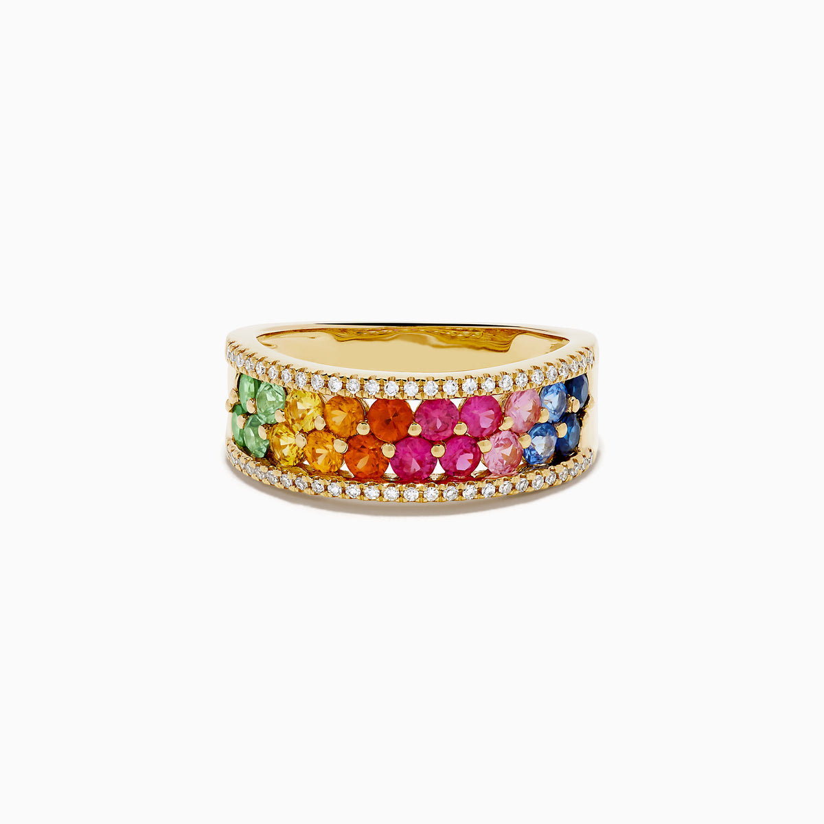 The Watercolors 14K Yellow Gold Multi Sapphire and Diamond Band showcases a central rainbow gradient of sapphires bordered by two rows of white diamonds, set in yellow gold and displayed on a white background.