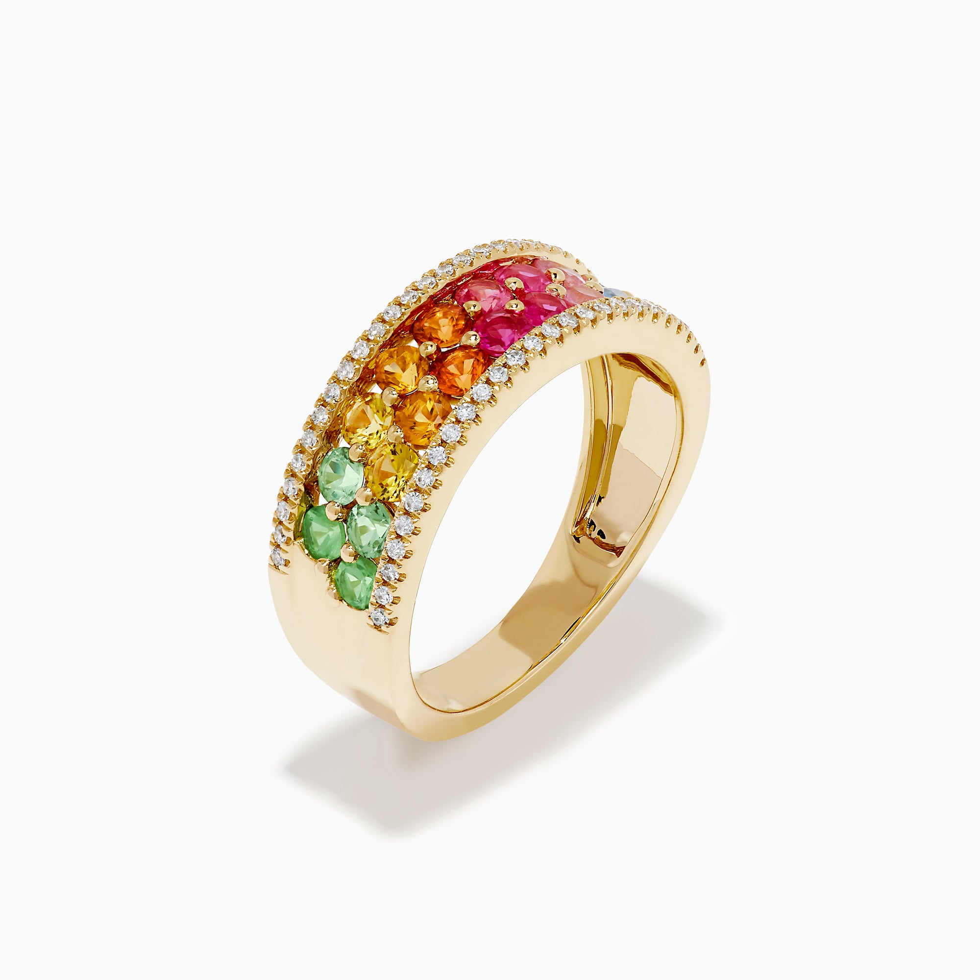 The Watercolors 14K Yellow Gold Multi Sapphire and Diamond Band showcases a central rainbow gradient of sapphires bordered by two rows of white diamonds, set in yellow gold and displayed on a white background.