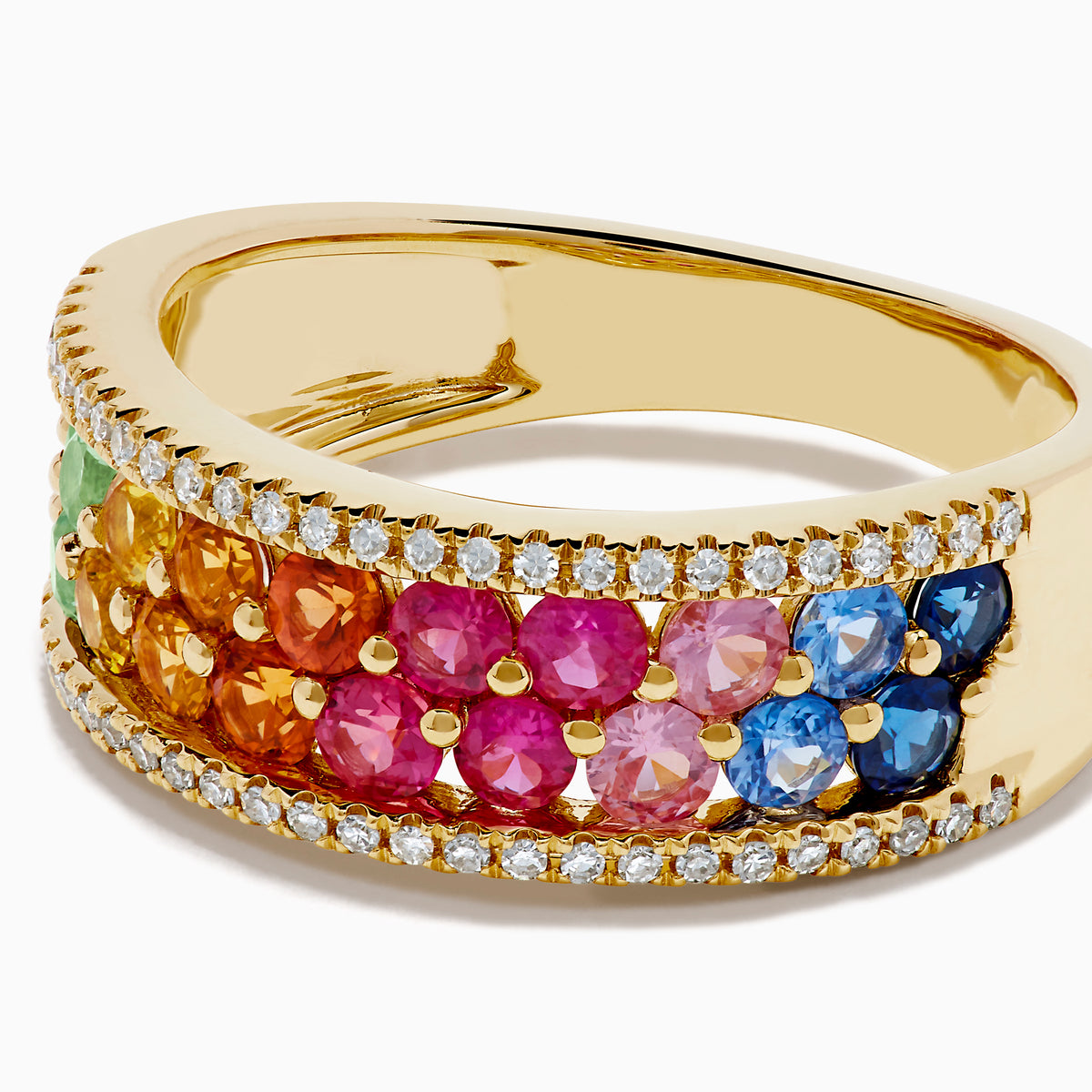 The Watercolors 14K Yellow Gold Multi Sapphire and Diamond Band showcases a central rainbow gradient of sapphires bordered by two rows of white diamonds, set in yellow gold and displayed on a white background.
