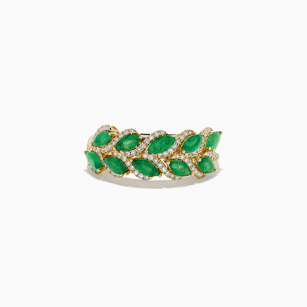 The 14K White Gold Emerald and Diamond Marquise Leaf Ring features a leaf-inspired design adorned with marquise emeralds and sparkling diamond accents.