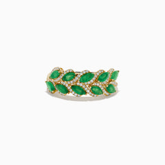 The 14K White Gold Emerald and Diamond Marquise Leaf Ring features a leaf-inspired design adorned with marquise emeralds and sparkling diamond accents.