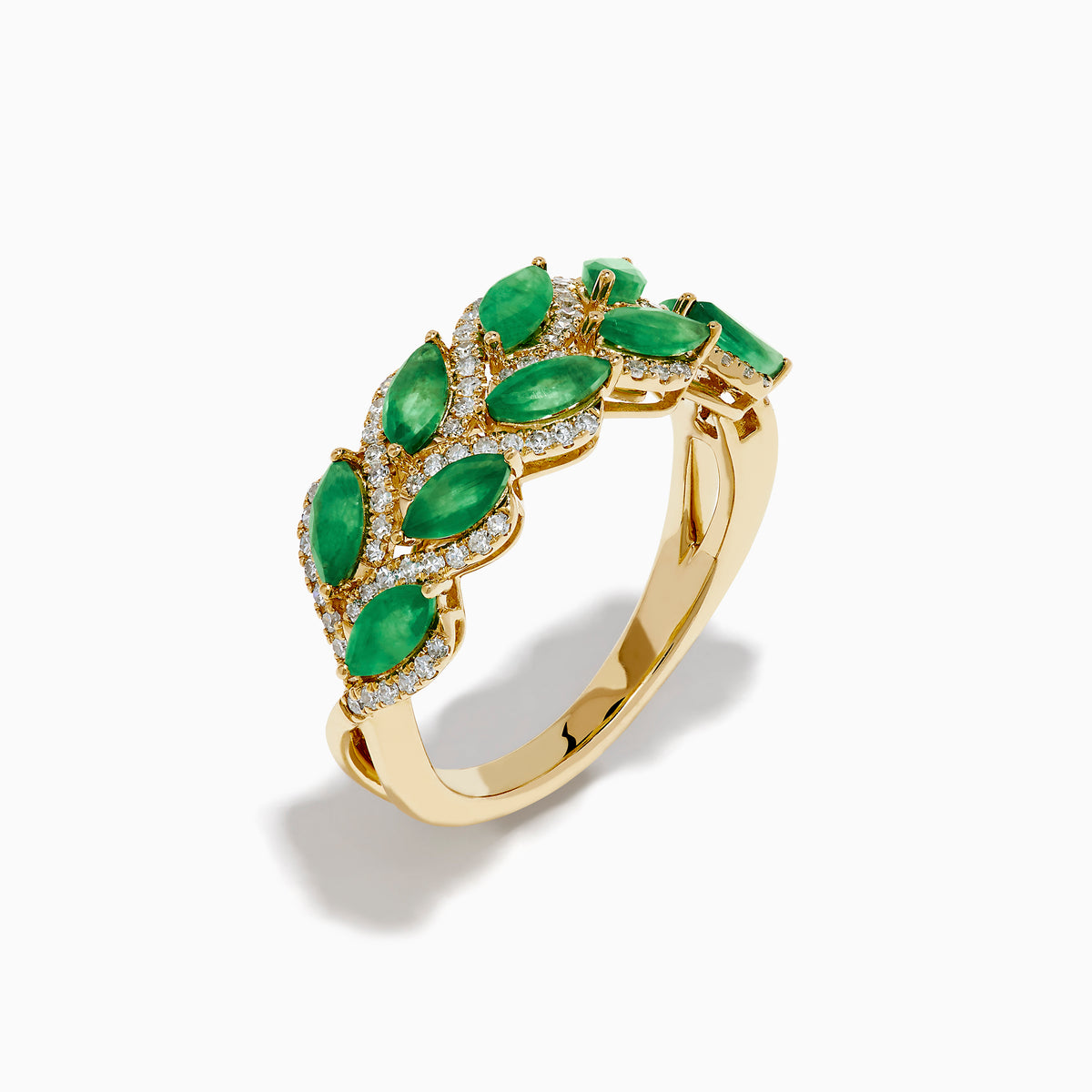 The 14K White Gold Emerald and Diamond Marquise Leaf Ring features a leaf-inspired design adorned with marquise emeralds and sparkling diamond accents.