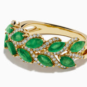 The 14K White Gold Emerald and Diamond Marquise Leaf Ring features a leaf-inspired design adorned with marquise emeralds and sparkling diamond accents.