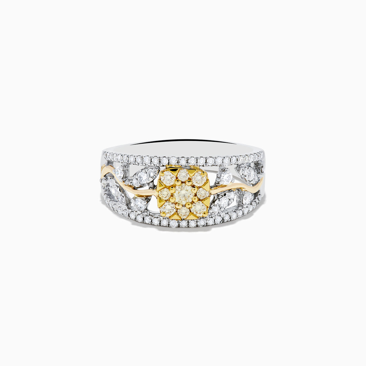 This 14K two tone gold flower ring features a wide band with a central cluster of yellow diamonds, surrounded by small white diamonds, and elegant gold and silver accents.