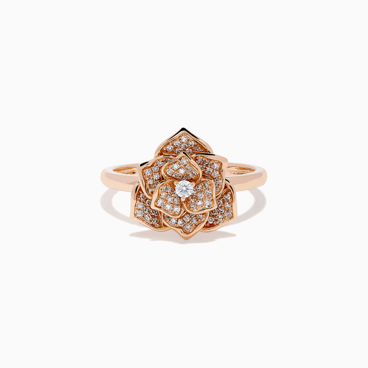 The Pave Rose 14K Rose Gold Diamond Rose Ring features a detailed floral design with multiple small diamonds forming the petals and center, all set against a white background.