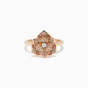 The Pave Rose 14K Rose Gold Diamond Rose Ring features a detailed floral design with multiple small diamonds forming the petals and center, all set against a white background.