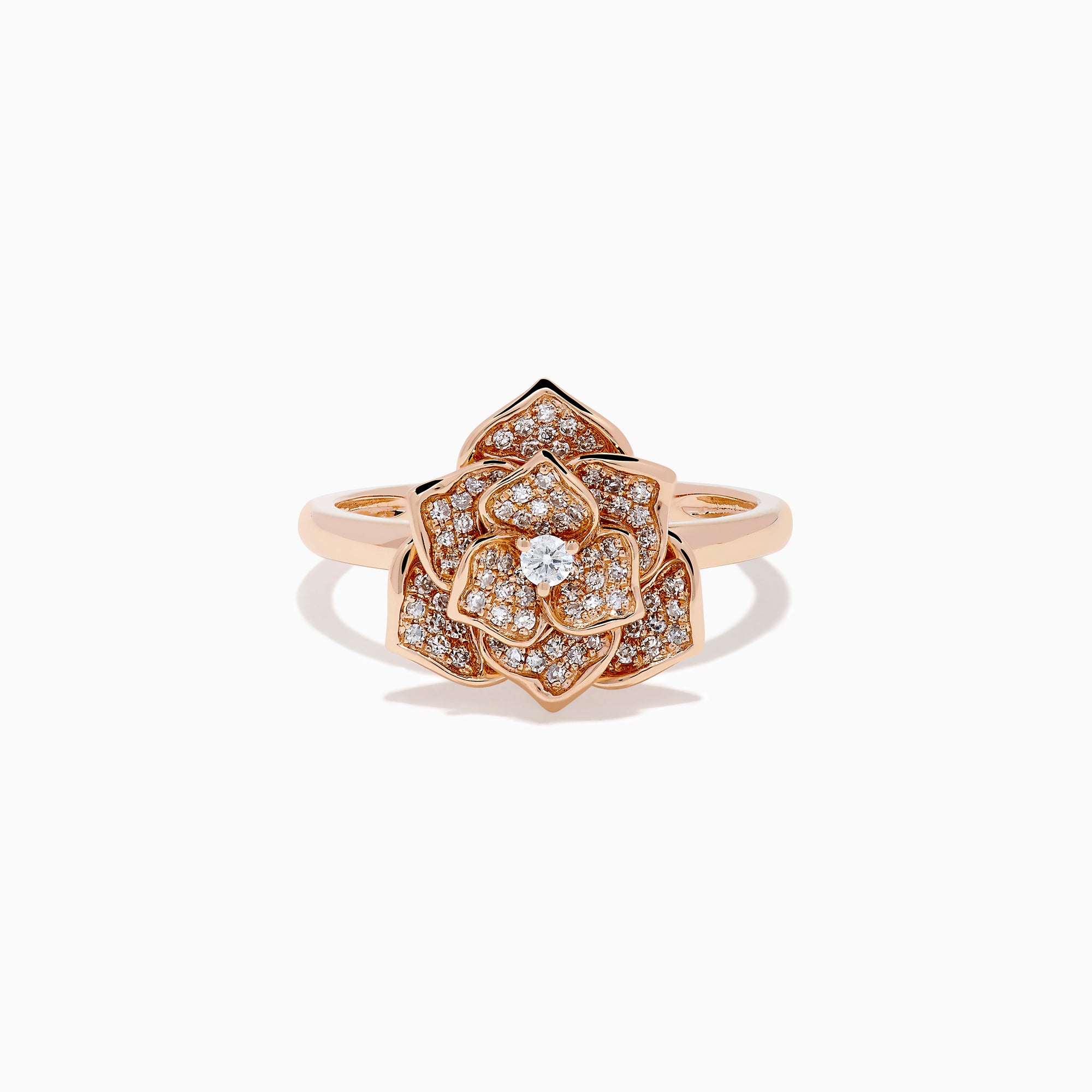 The Pave Rose 14K Rose Gold Diamond Rose Ring features a detailed floral design with multiple small diamonds forming the petals and center, all set against a white background.