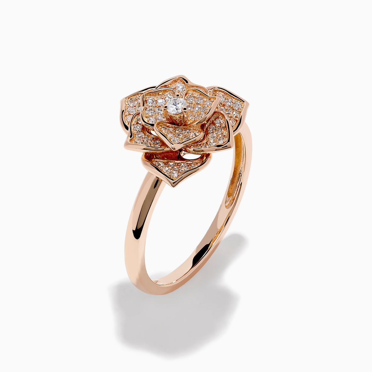 The Pave Rose 14K Rose Gold Diamond Rose Ring features a detailed floral design with multiple small diamonds forming the petals and center, all set against a white background.