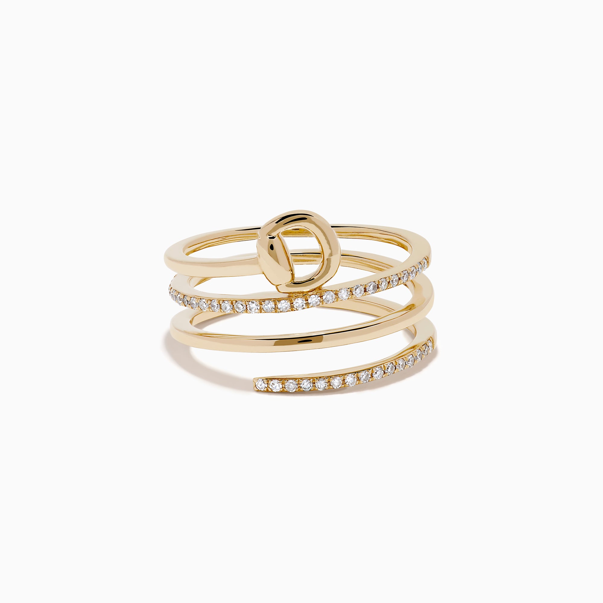 The D'Oro 14K Yellow Gold Spiral Diamond Ring features three bands, two adorned with sparkling diamonds. The top band forms a graceful circular loop, offering an elegant and modern touch.