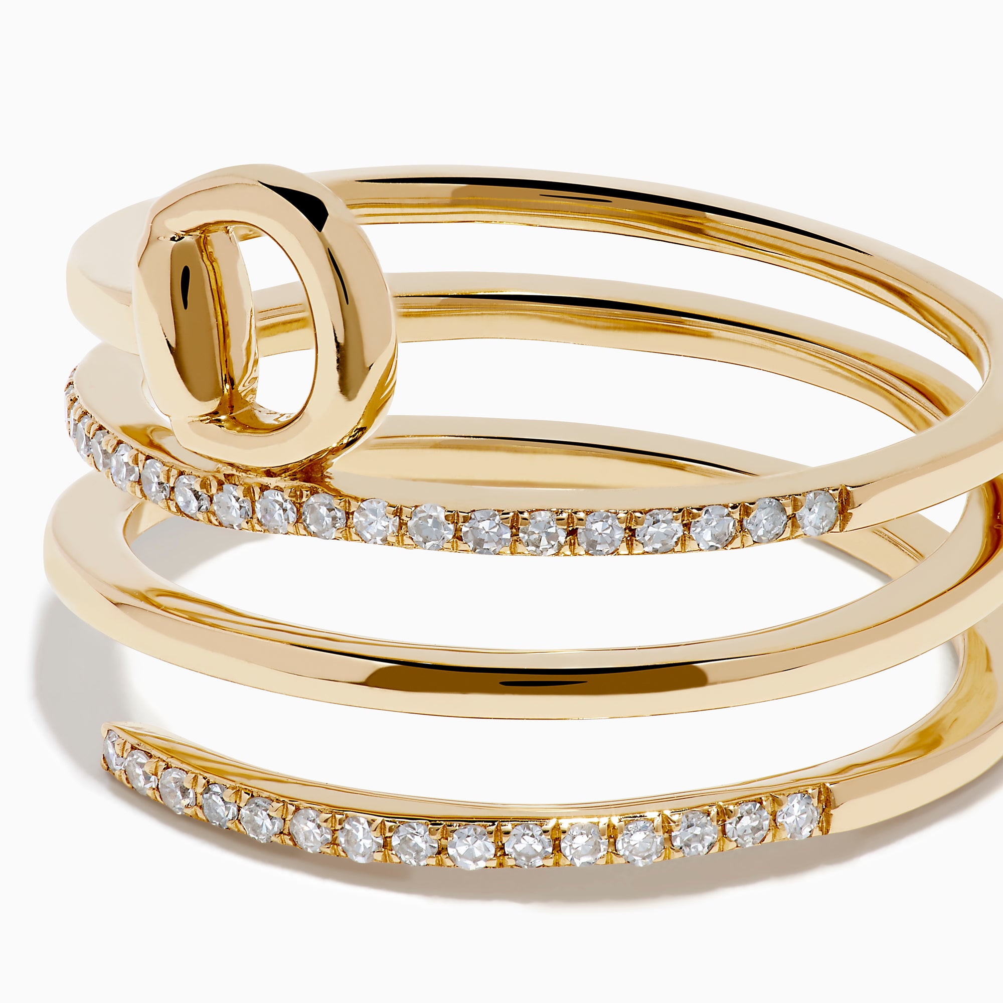 The D'Oro 14K Yellow Gold Spiral Diamond Ring features three bands, two adorned with sparkling diamonds. The top band forms a graceful circular loop, offering an elegant and modern touch.
