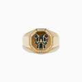 The Men's 14K Yellow Gold Black and White Diamond Panther Signet Ring features a geometric panther face with black and green gemstones in an octagonal bezel, accented by black and white diamonds.