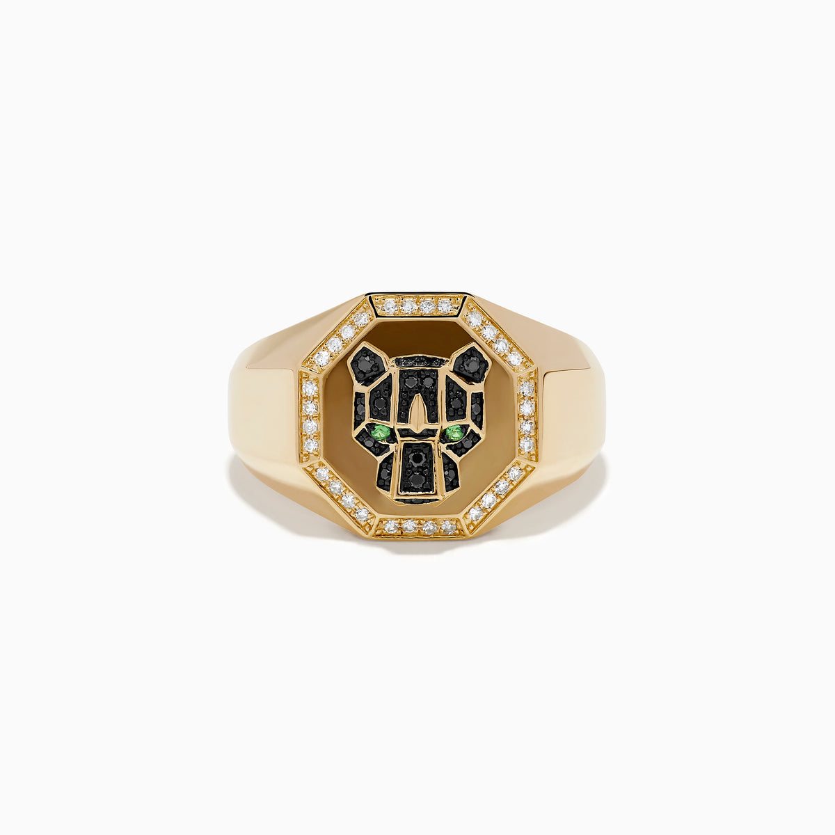 The Men's 14K Yellow Gold Black and White Diamond Panther Signet Ring features a geometric panther face with black and green gemstones in an octagonal bezel, accented by black and white diamonds.