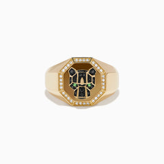 The Men's 14K Yellow Gold Black and White Diamond Panther Signet Ring features a geometric panther face with black and green gemstones in an octagonal bezel, accented by black and white diamonds.