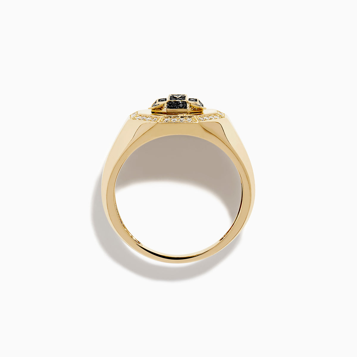 The Men's 14K Yellow Gold Black and White Diamond Panther Signet Ring features a geometric panther face with black and green gemstones in an octagonal bezel, accented by black and white diamonds.
