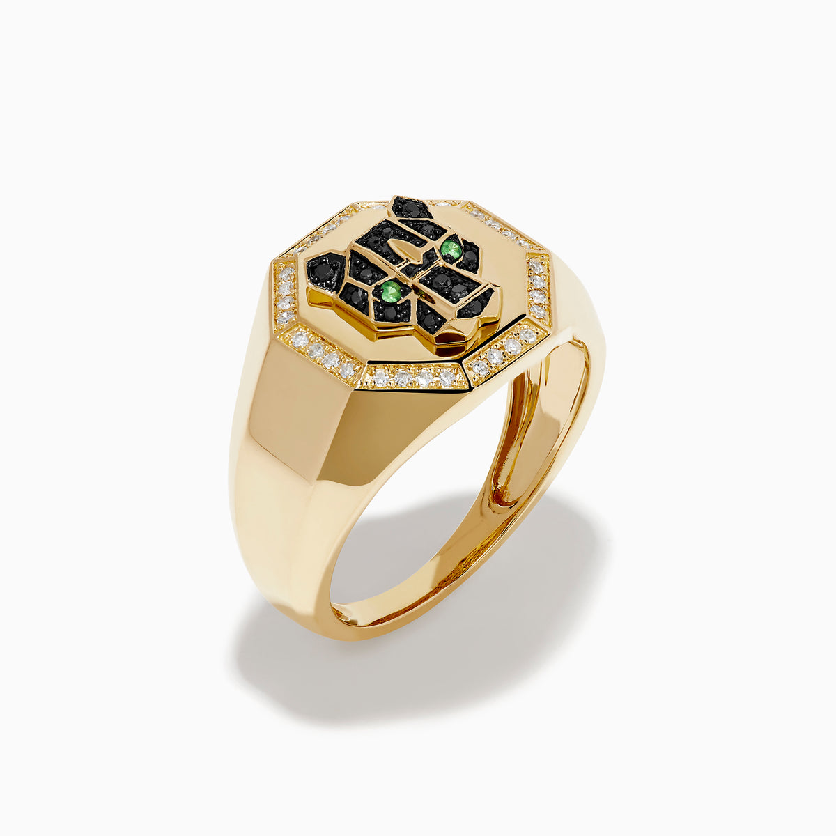 The Men's 14K Yellow Gold Black and White Diamond Panther Signet Ring features a geometric panther face with black and green gemstones in an octagonal bezel, accented by black and white diamonds.