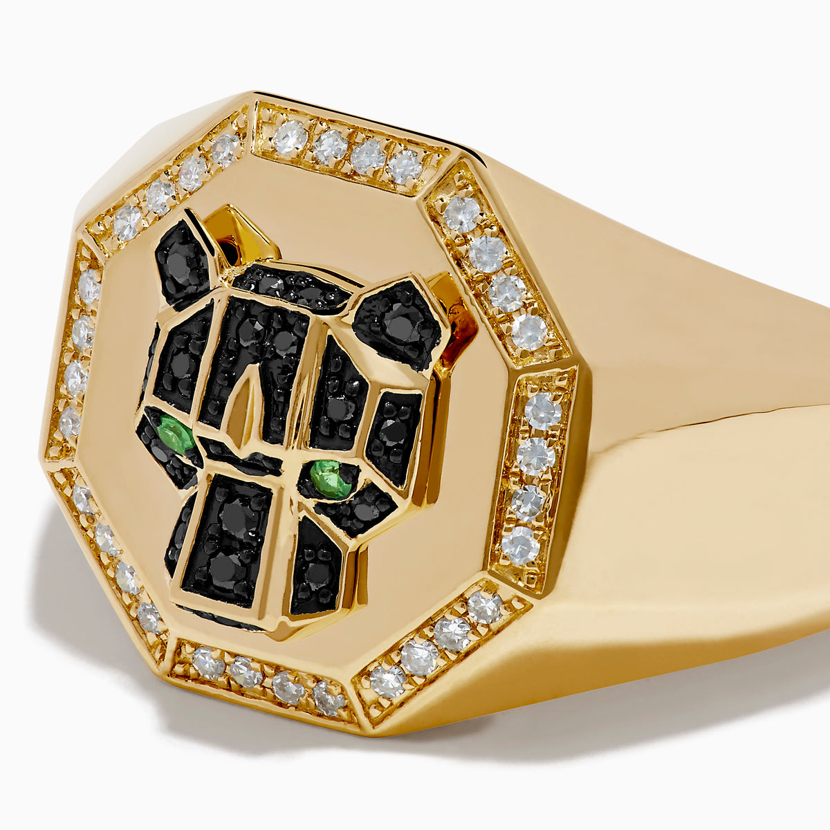 The Men's 14K Yellow Gold Black and White Diamond Panther Signet Ring features a geometric panther face with black and green gemstones in an octagonal bezel, accented by black and white diamonds.