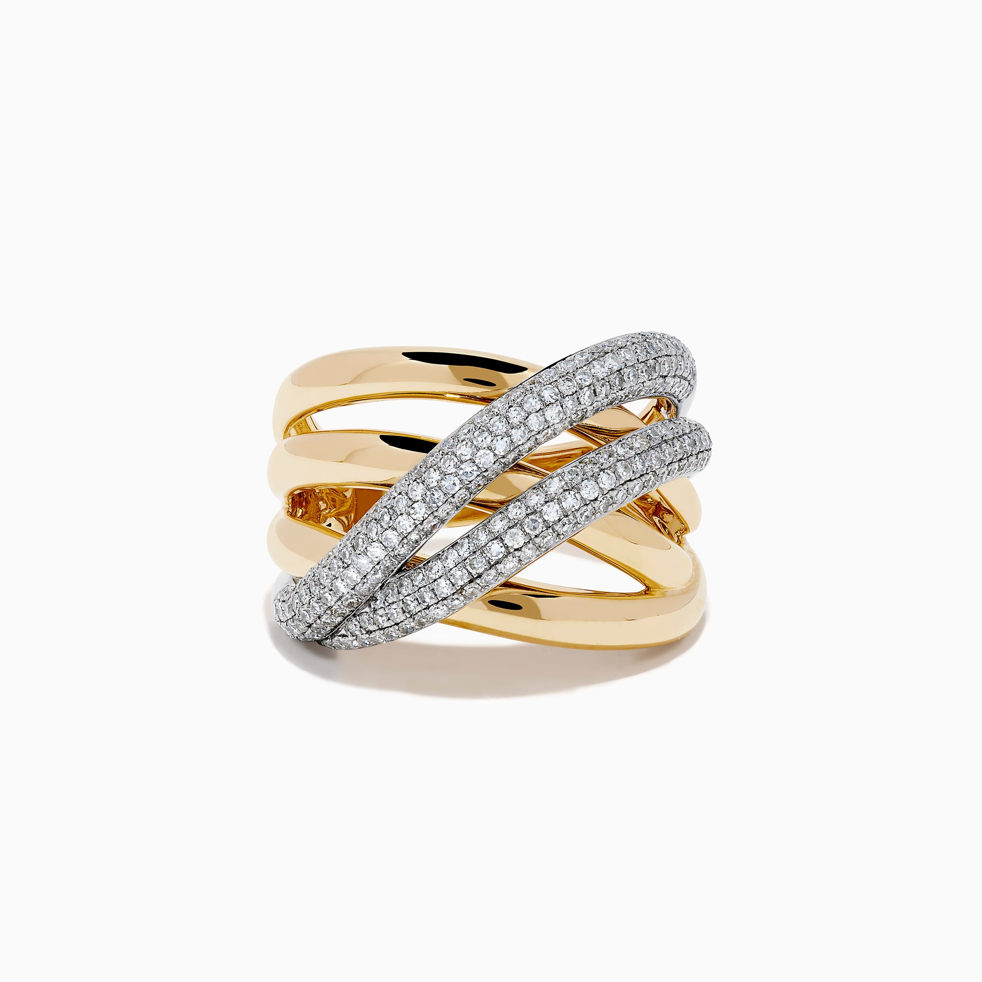 The Duo 14K Two Tone Gold Diamond Ring features overlapping gold bands, with two diamond-encrusted bands creating an elegant, intertwined look.