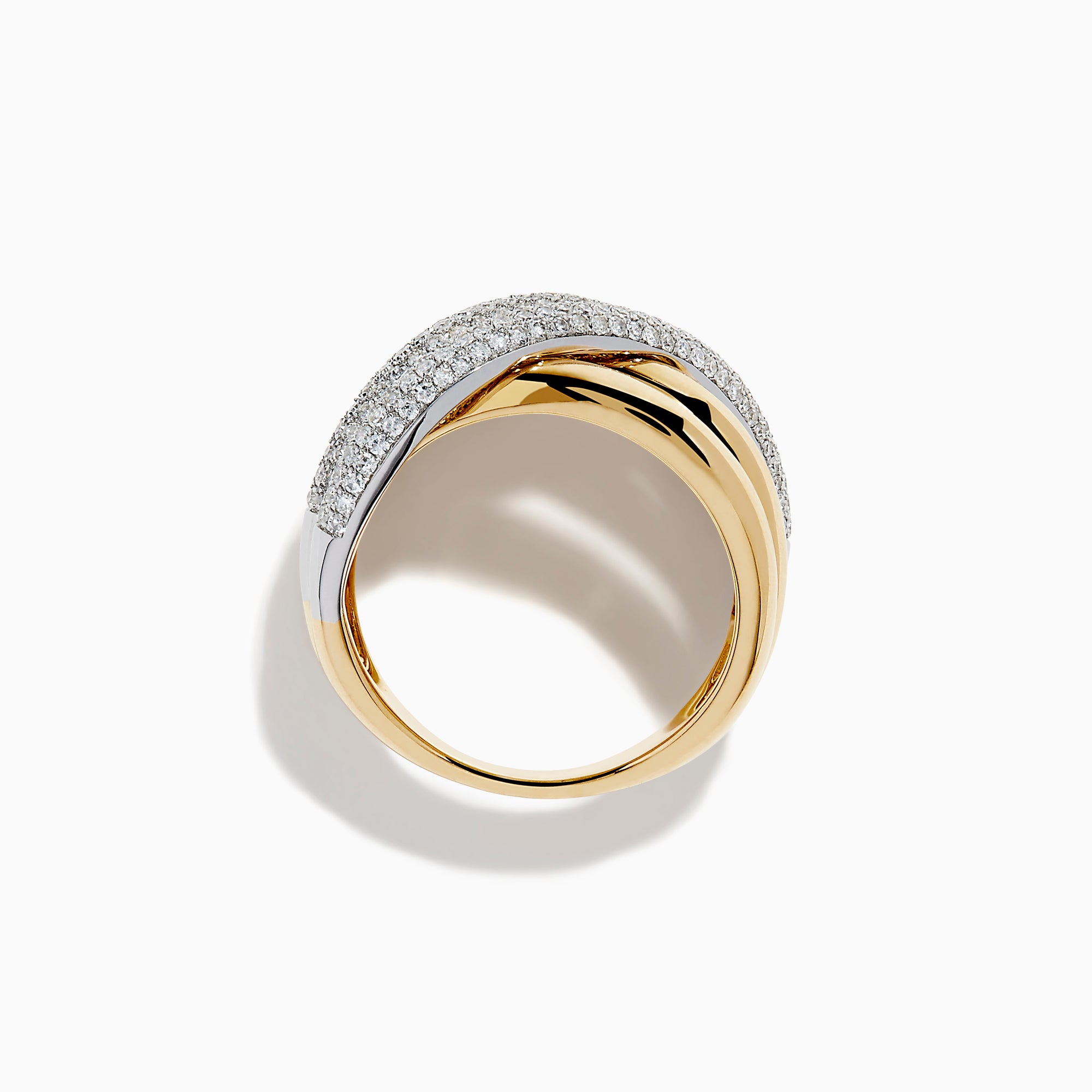 The Duo 14K Two Tone Gold Diamond Ring features overlapping gold bands, with two diamond-encrusted bands creating an elegant, intertwined look.