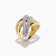 The Duo 14K Two Tone Gold Diamond Ring features overlapping gold bands, with two diamond-encrusted bands creating an elegant, intertwined look.