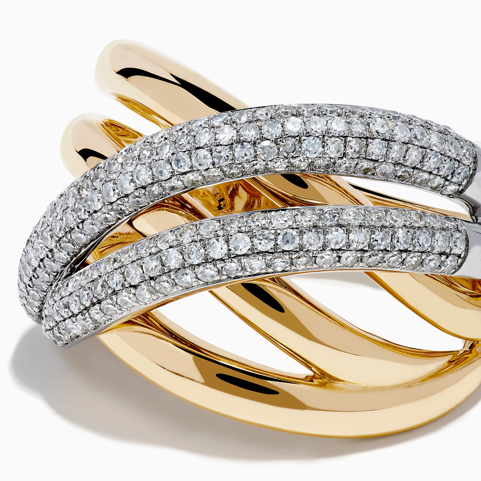 The Duo 14K Two Tone Gold Diamond Ring features overlapping gold bands, with two diamond-encrusted bands creating an elegant, intertwined look.