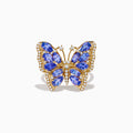 The Nahla 14K Yellow Gold Tanzanite and Diamond Butterfly Ring features blue tanzanite wings and diamond accents on the edges and body, shown against a white background.