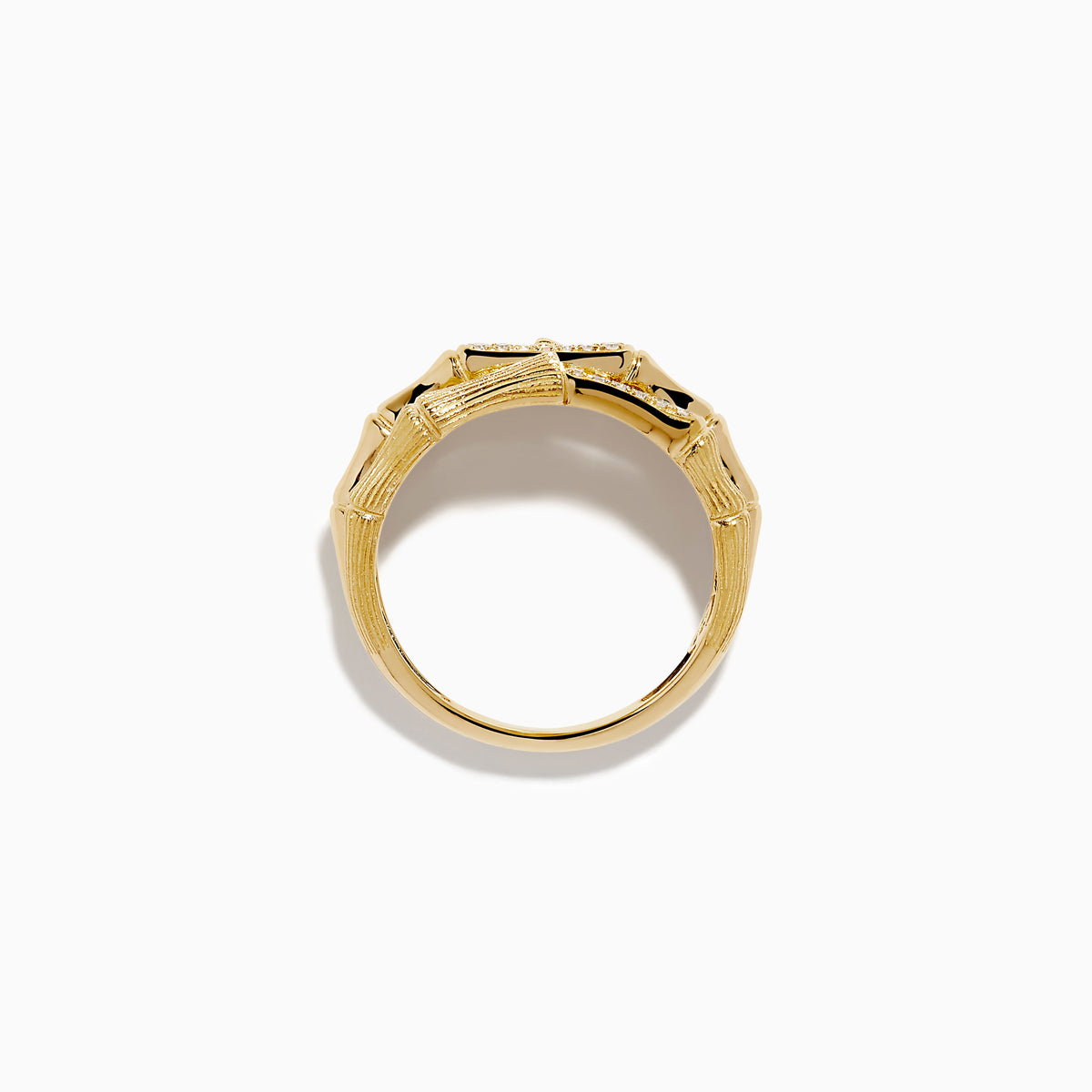 The 14K Yellow Gold Diamond Bamboo Multi Row Ring features two bamboo-inspired bands set with central rows of white diamonds, stacked together for a striking modern twist on the classic diamond ring.